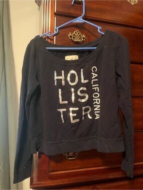 Hollister Navy Scoop Neck Long Sleeve Shirt with Silver Logo